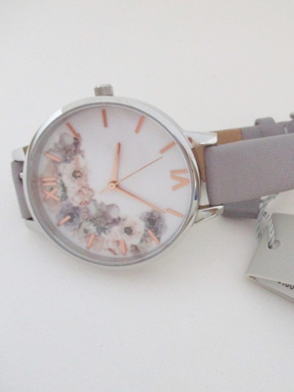 OLIVIA BURTON Floral White Dial Gray Leather Strap Watch
